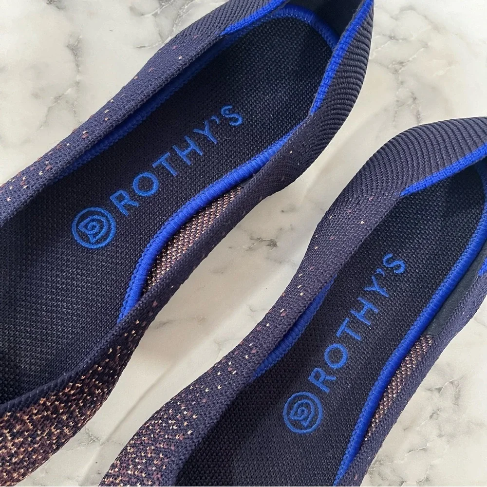 Rothy's midnight metallic pointed toe flats navy blue gold size 7.5